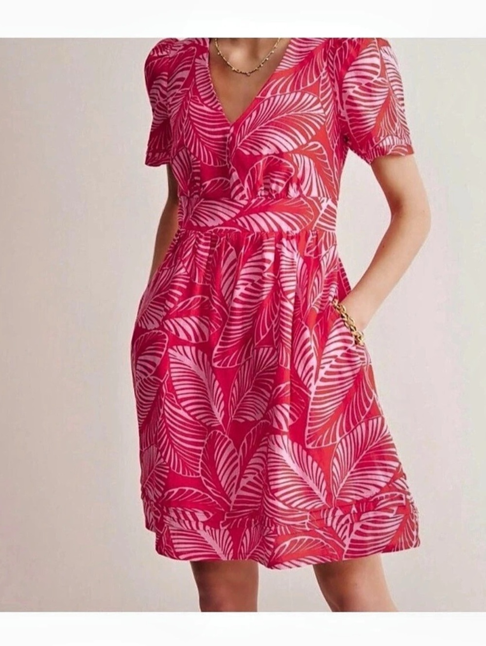 Boden Eve Tropical Leaf Linen Midi Dress Pink & White